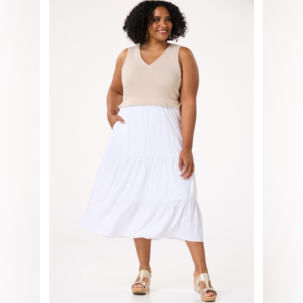 CATO TAN AND WHITE MIDI DRESS NWT